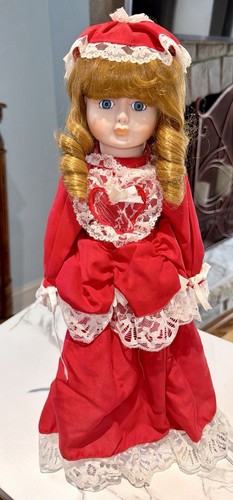 Porcelain Collector Doll Red Valentine Dress Lace 17” Custom Cov