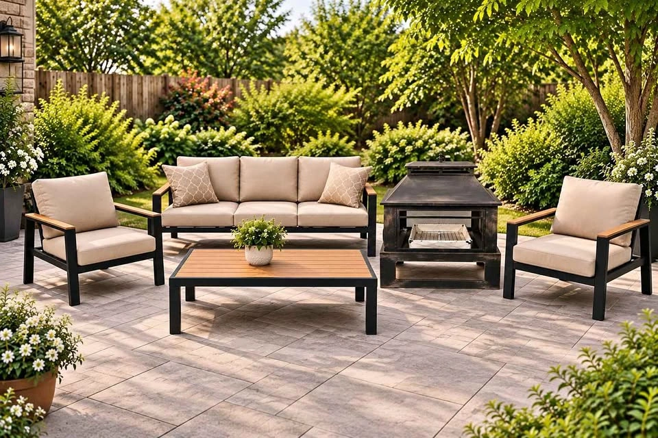 Brand New 4pc patio conversation set with wood burning fire plac