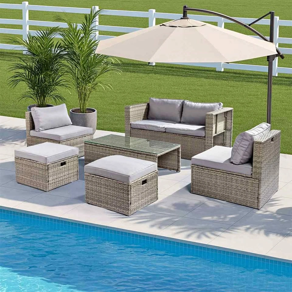 Brand new 6-Piece Grey Wicker Conversation Set With Grey Cushion