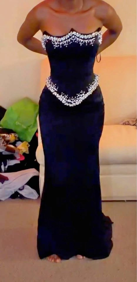 Black Strapless Embellished Evening Gown with Corset Back XS