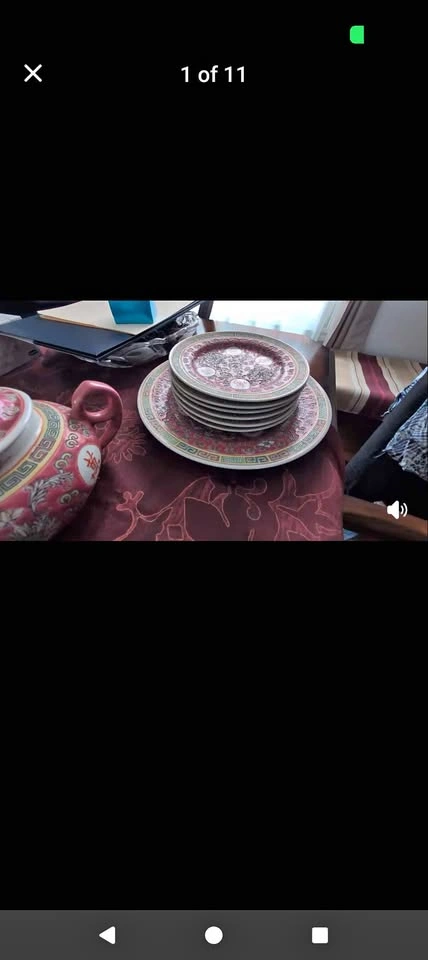 Vintage Mun Shou Longevity Pink Porcelain Plates and Teapot Set.