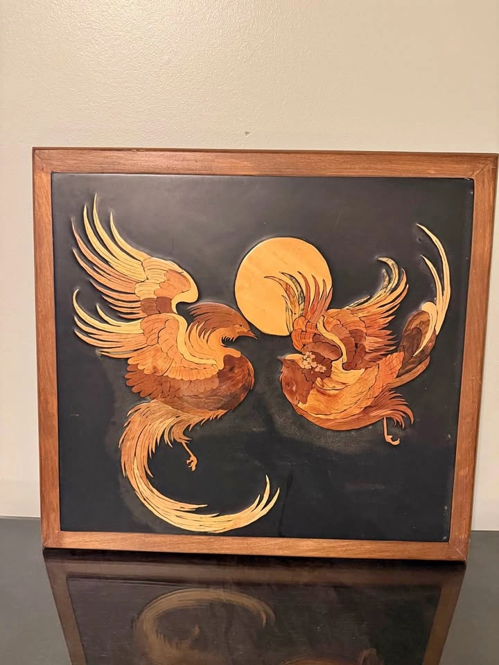 Vintage Marquetry Wood Inlay Phoenix Persian Wall Art