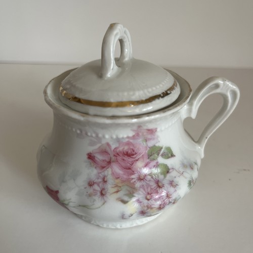 Vintage Porcelain China Pink Roses Sugar Bowl with Lid, Germany