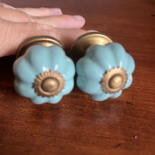 2pcs Turquoise Flower Porcelain Knobs Cabinet Drawer Pulls