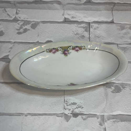 Antique German Porcelain Oval Relish Dish with Pink Rosettes