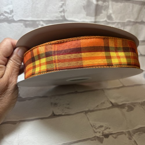 Fall Plaid 1.5" by 40 yards Orange, Brown and Yellow Wired Ribbo