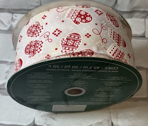 Kirkland White Glitter Wired Edge Ribbon with Red Mittens
