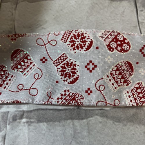 Kirkland White Glitter Wired Edge Ribbon with Red Mittens - photo 2