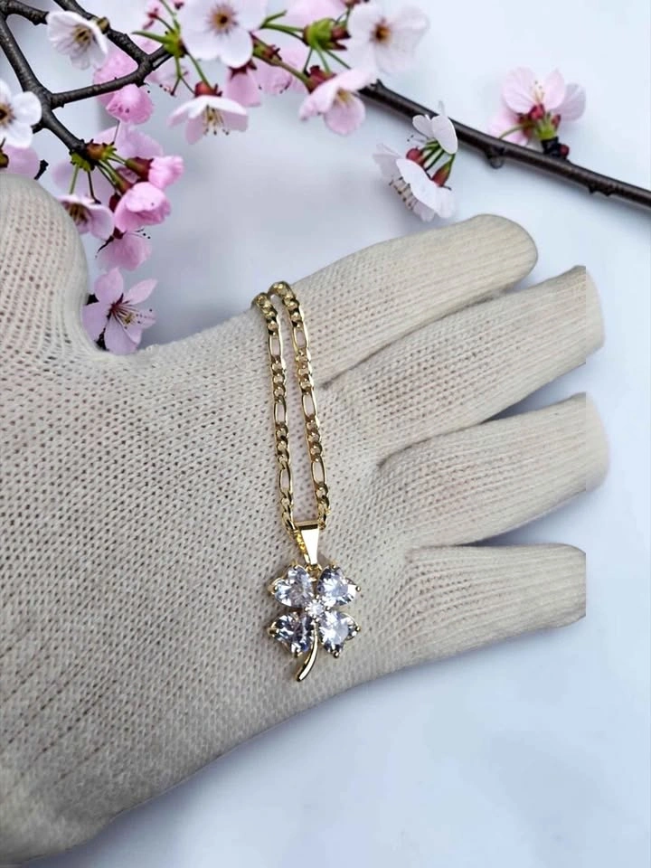 Gold Four-Leaf Clover Pendant Necklace CZ Sparkle