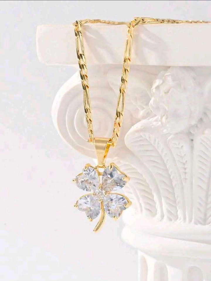 Gold Four-Leaf Clover Pendant Necklace CZ Sparkle - photo 2