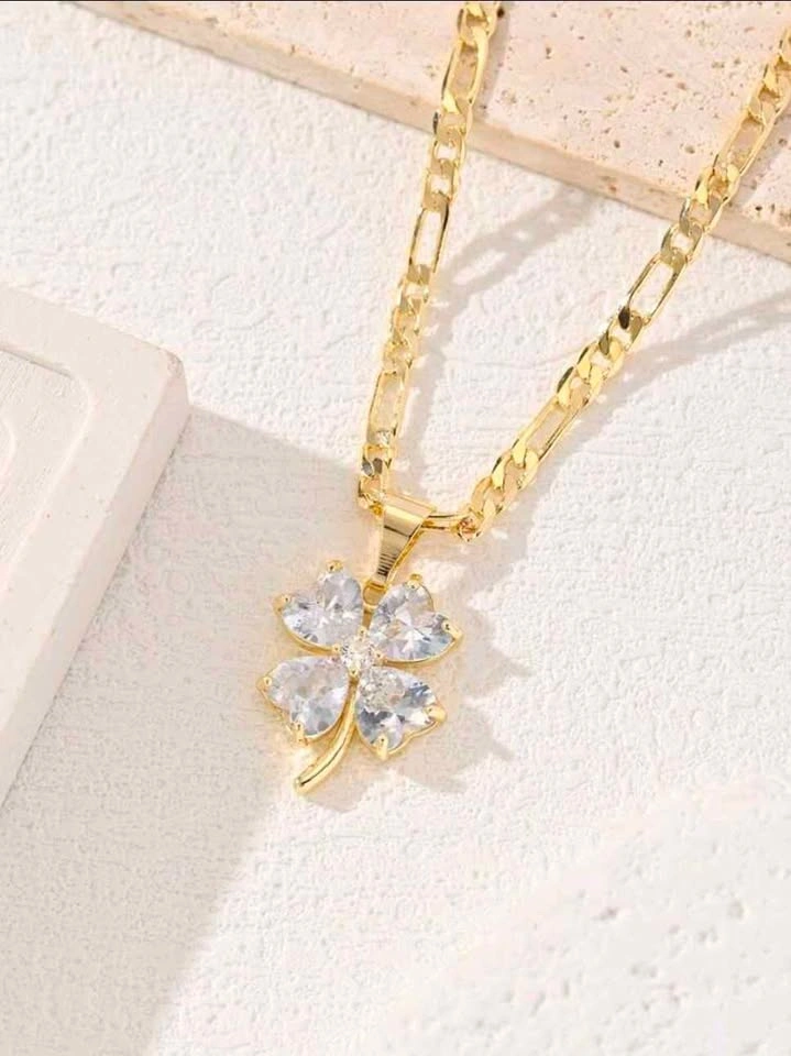 Gold Four-Leaf Clover Pendant Necklace CZ Sparkle - photo 3