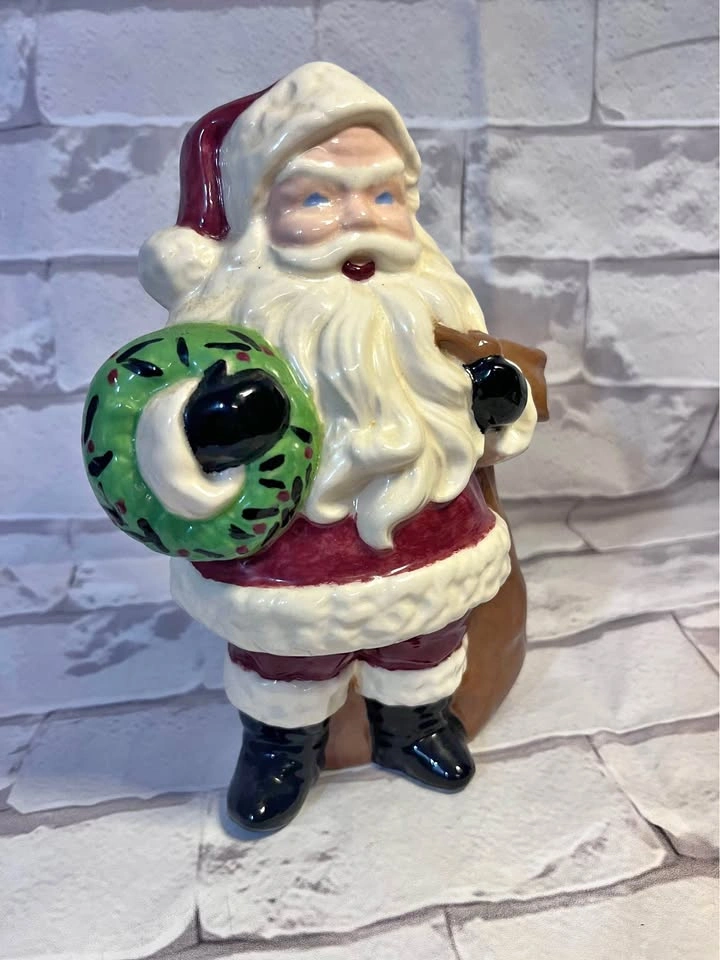 Ceramic Santa Claus Figurine with Wreath and Toy Bag