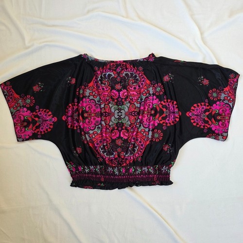 Rampage Y2K Medallion Print Dolman Sleeve Top Smocked Waist Medi