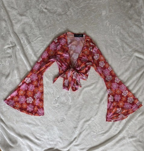 FOR G&PL Retro 70s Floral Mesh Tie-Front Crop Top Bell Sleeve