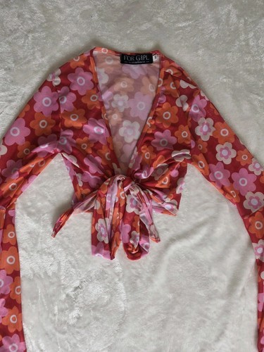 FOR G&PL Retro 70s Floral Mesh Tie-Front Crop Top Bell Sleeve - photo 2