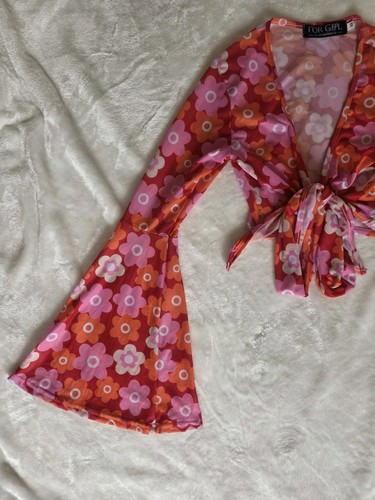 FOR G&PL Retro 70s Floral Mesh Tie-Front Crop Top Bell Sleeve - photo 3