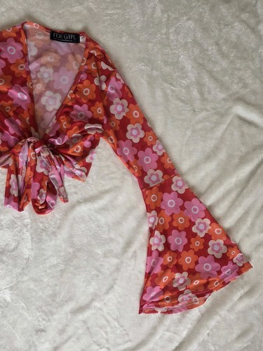 FOR G&PL Retro 70s Floral Mesh Tie-Front Crop Top Bell Sleeve - photo 4