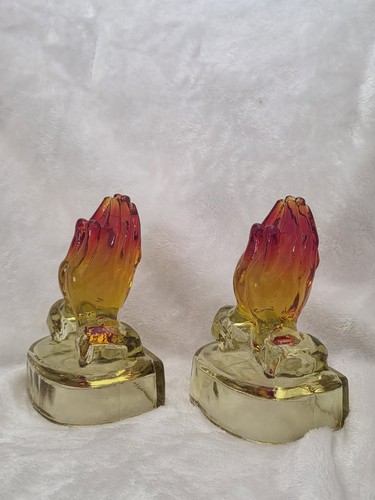 Vintage Amberina Kanawha Glass Praying Hands Bookends - Set of 2