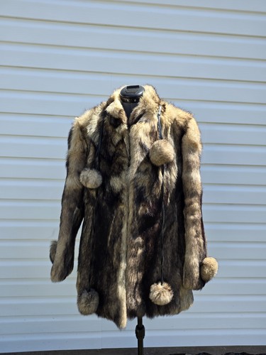 Vintage German Real Fur Coat Pom Pom Ties EU 38