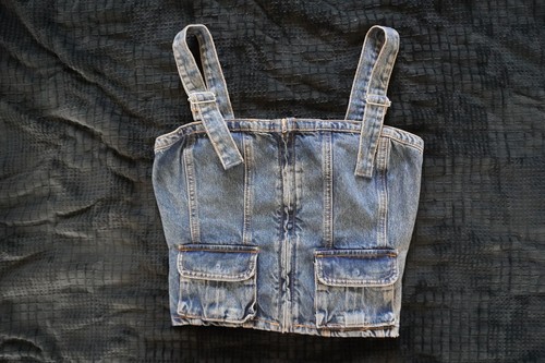 ZARA Denim Corset Crop Top Zip-Front Cargo Bustier Size M NWT