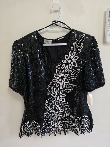 Vintage Sténay Silk Sequin Beaded Top Size L Black Floral