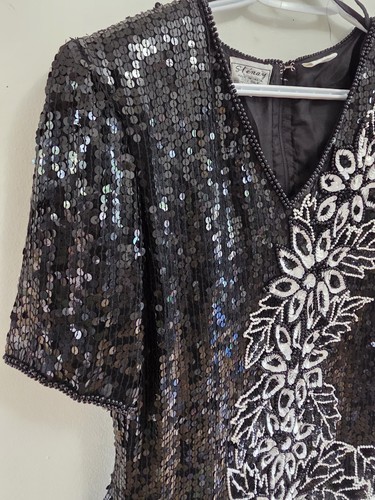 Vintage Sténay Silk Sequin Beaded Top Size L Black Floral - photo 3