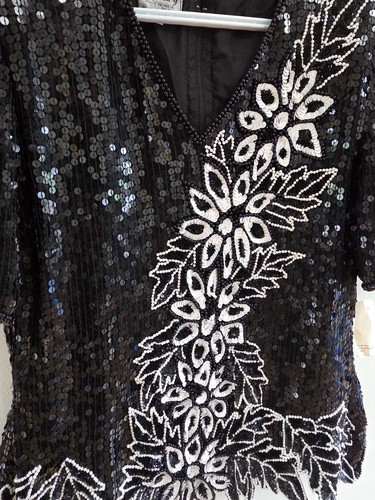 Vintage Sténay Silk Sequin Beaded Top Size L Black Floral - photo 4