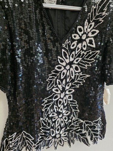 Vintage Sténay Silk Sequin Beaded Top Size L Black Floral - photo 5