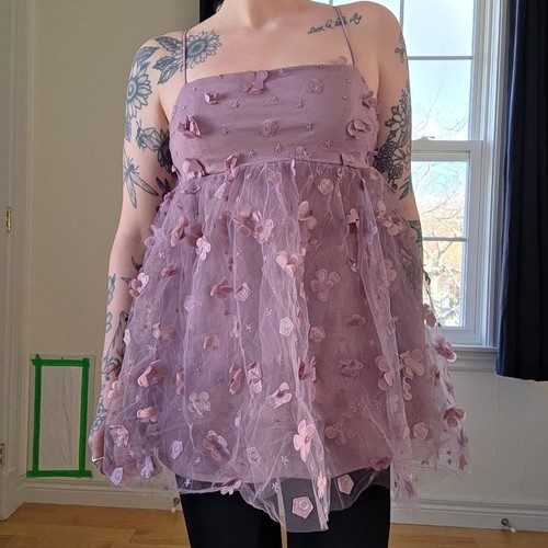 Trixxi Lavender 3D Floral Appliqué Tulle Babydoll Top - photo 2