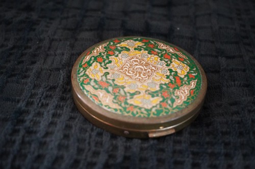 Vintage Coty Airspun Brass & Green Enamel Powder Compact