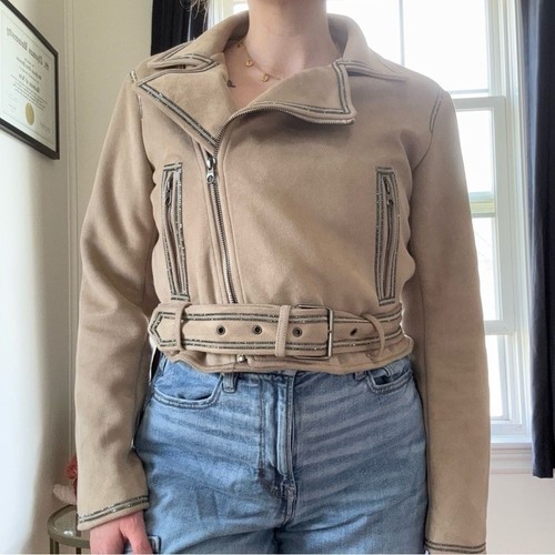 Zara Faux Suede Moto Jacket with Rhinestone Trim & Belt