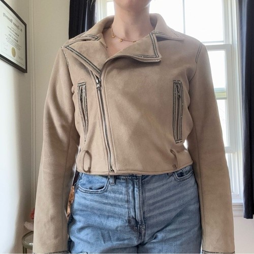 Zara Faux Suede Moto Jacket with Rhinestone Trim & Belt - photo 2