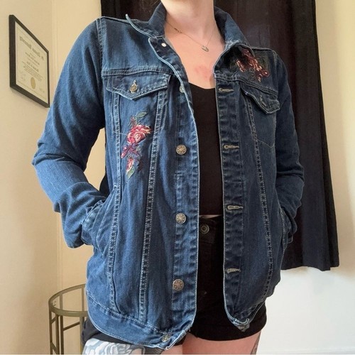 Denim Jean Jacket with Embroidered Roses