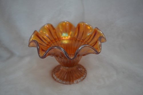 Iridescent Amber Marigold Carnival Glass Pedestal Dish