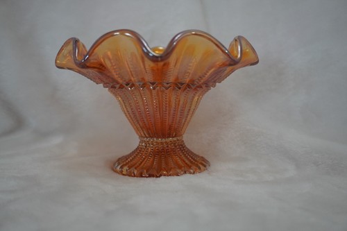 Iridescent Amber Marigold Carnival Glass Pedestal Dish - photo 2