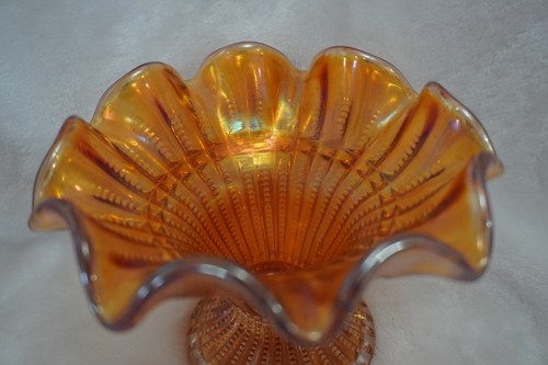 Iridescent Amber Marigold Carnival Glass Pedestal Dish - photo 3