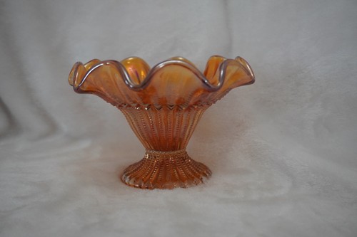 Iridescent Amber Marigold Carnival Glass Pedestal Dish - photo 4