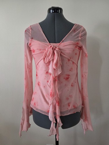Y2K Style Pink Floral Mesh Overlay Top | Bell Sleeves