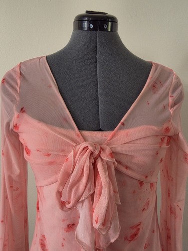 Y2K Style Pink Floral Mesh Overlay Top | Bell Sleeves - photo 2
