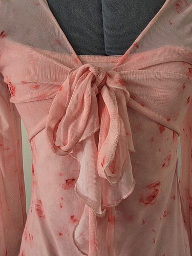 Y2K Style Pink Floral Mesh Overlay Top | Bell Sleeves - photo 3
