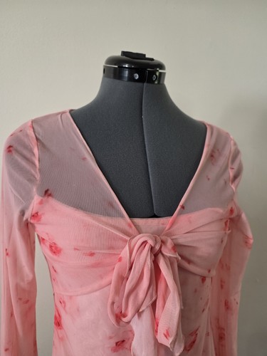 Y2K Style Pink Floral Mesh Overlay Top | Bell Sleeves - photo 4