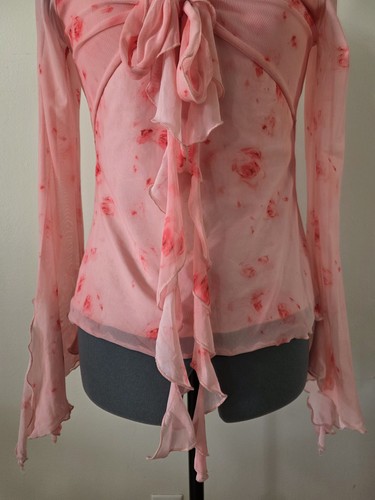 Y2K Style Pink Floral Mesh Overlay Top | Bell Sleeves - photo 5