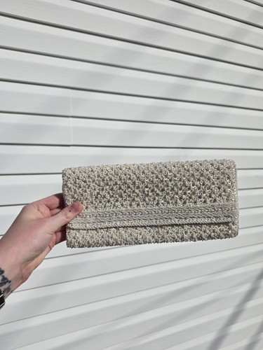 Vintage 1960s Beaded & Sequined Clutch Purse Ivory
