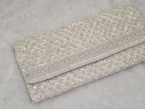Vintage 1960s Beaded & Sequined Clutch Purse Ivory - photo 5