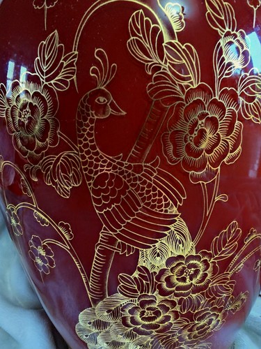 Vintage Hollywood Regency Red Ceramic Ginger Jar Table Lamp - photo 2