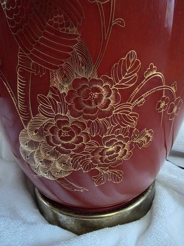Vintage Hollywood Regency Red Ceramic Ginger Jar Table Lamp - photo 3