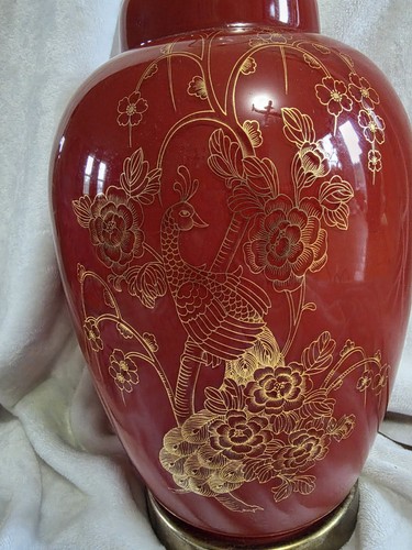 Vintage Hollywood Regency Red Ceramic Ginger Jar Table Lamp - photo 4