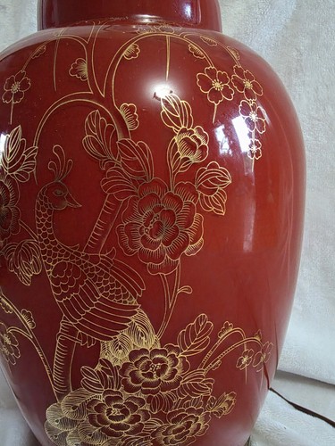 Vintage Hollywood Regency Red Ceramic Ginger Jar Table Lamp - photo 5