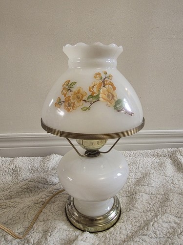 Vintage White Milk Glass Parlor Style Accent Lamp Floral Shade