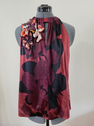Elie Tahari Silk Stretch High Neck Floral Applique Blouse Small